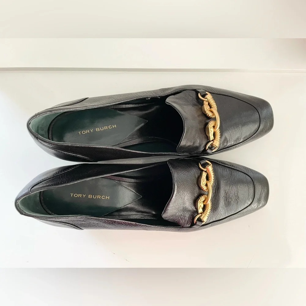 New Tory Burch Jessa heeled horse- head loafers, black leather sz 8.5. - Picture 9 of 16